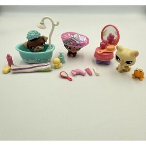 Littlest Pet Shop Squeaky Clean Pets 663 Monkey 981 Cat 889 Dog Set‎ LPS Hasbro